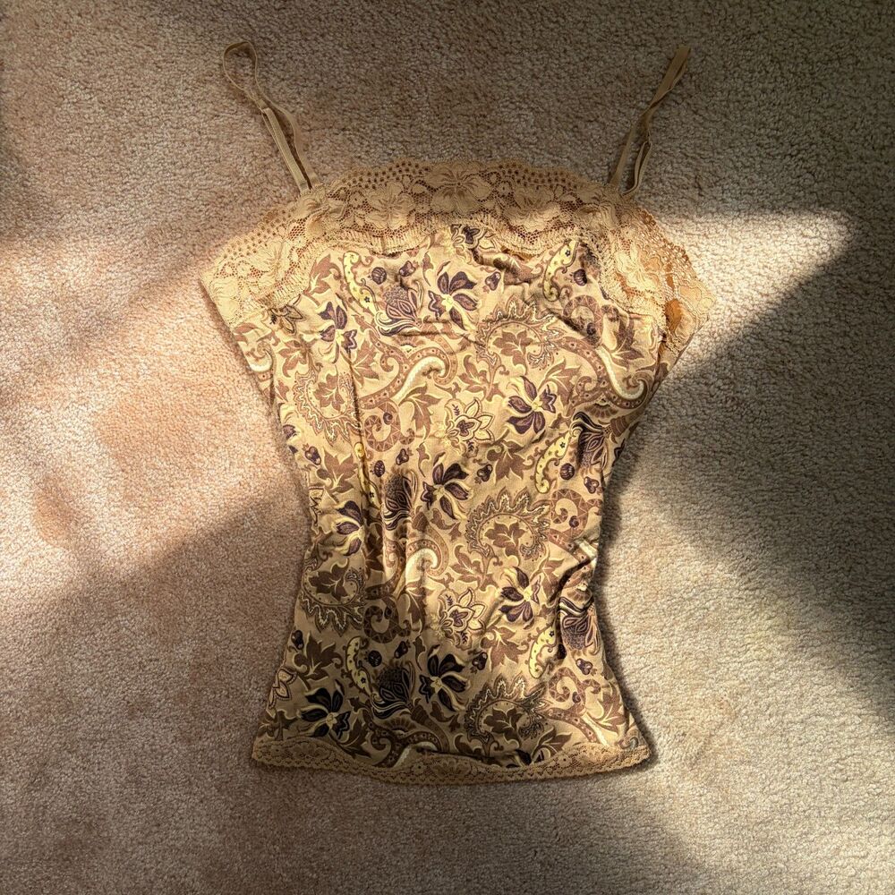 y2k paisley lace trim cami tank top gold brown fairycore
